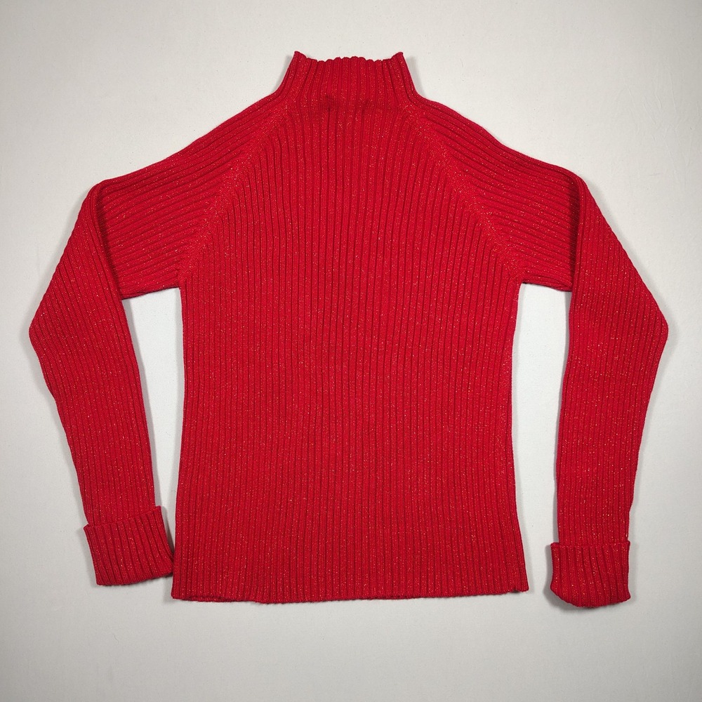 Relativity Sweater Women L Red Mock Neck Metallic Ribbed Knit Cotton R4814L - Picture 2 of 8